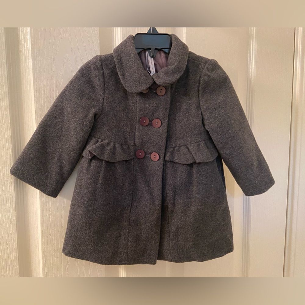 Mayoral Chic Wool Blend Pea Coat Gray Ruffle Detail Baby Girls Size 9 Months